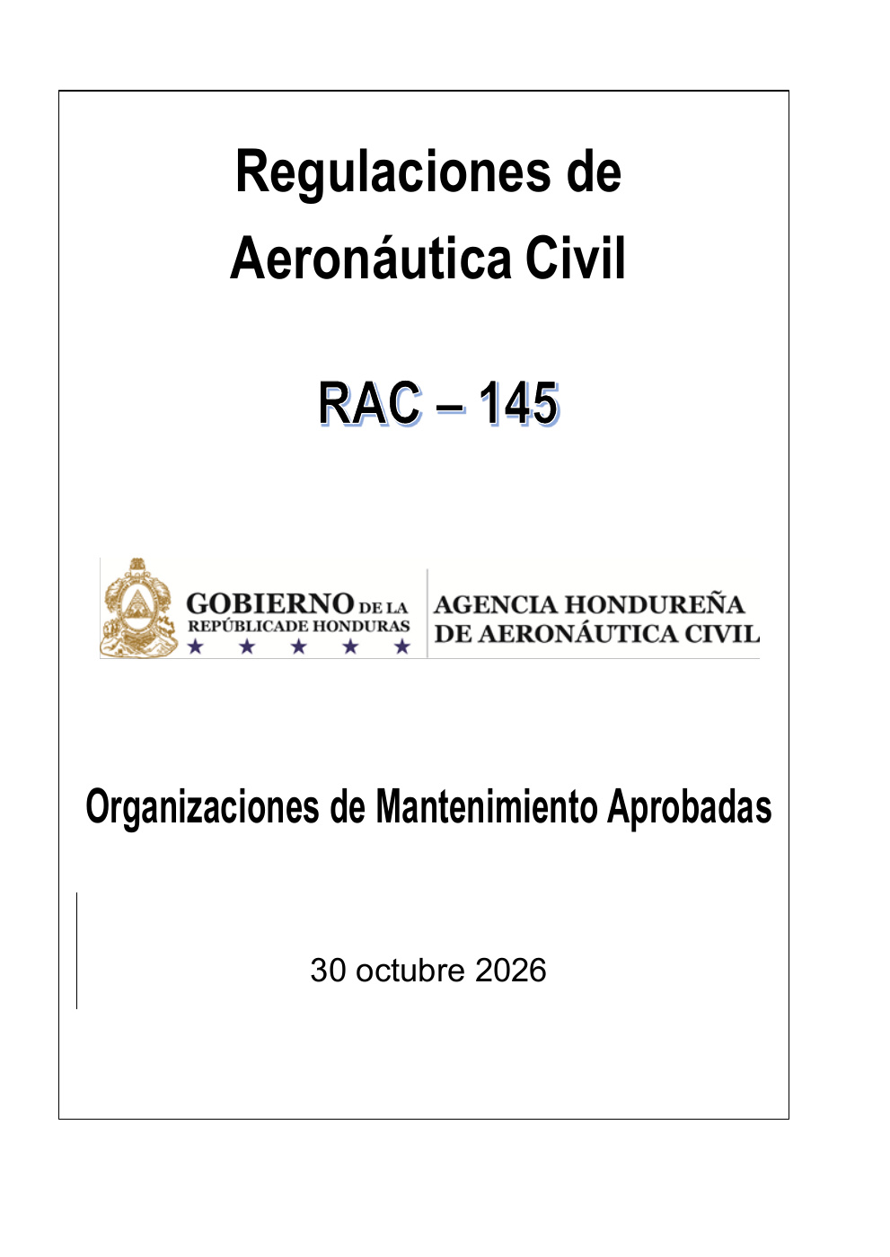 Portada del borrador del proyecto RAC 145 - Organizaciones de Mantenimiento Aprobadas